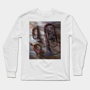 Three Old Horns On Wooden Wall Long Sleeve T-Shirt